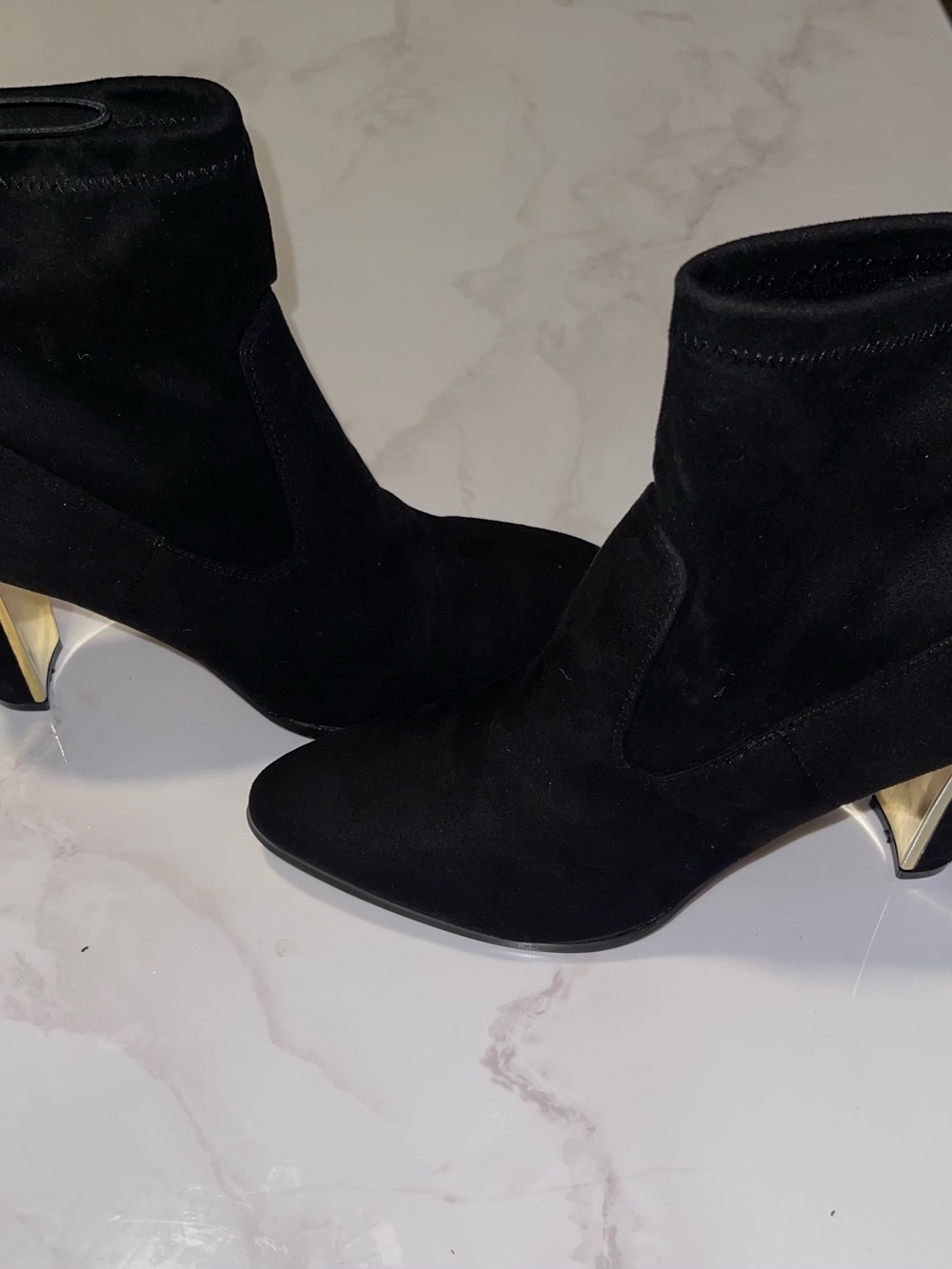 Women's Black Suede Ankle Booties with Gold Accent Heel